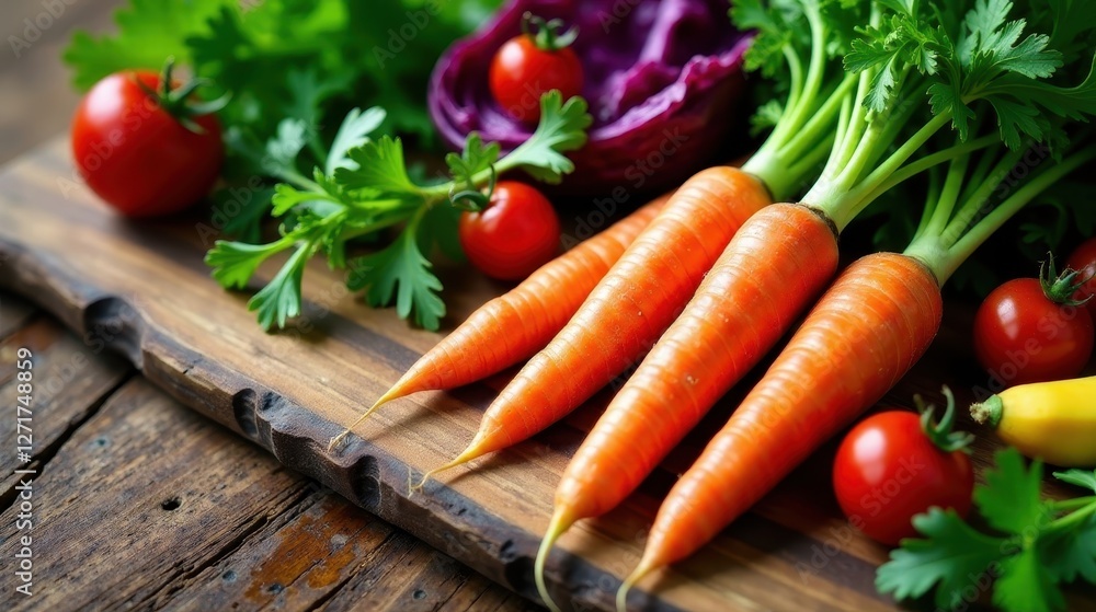 A vibrant collection of freshly harvested carrots, nestled amongst ripe red tomatoes and verdant parsley, rests on a rustic wooden cutting board. A vibrant collection of freshly harvested carrots, nestled amongst ripe red tomatoes and verdant parsley, rests on a rustic wooden cutting board.
