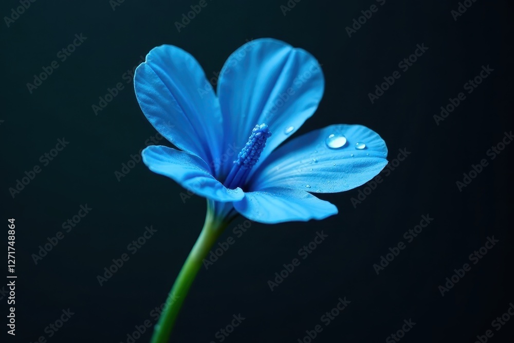 A single vibrant azure blossom, delicately adorned with morning dew, stands out against a deep, shadowy background, showcasing its intricate details and captivating beauty. A single vibrant azure blossom, delicately adorned with morning dew, stands out against a deep, shadowy background, showcasing its intricate details and captivating beauty.