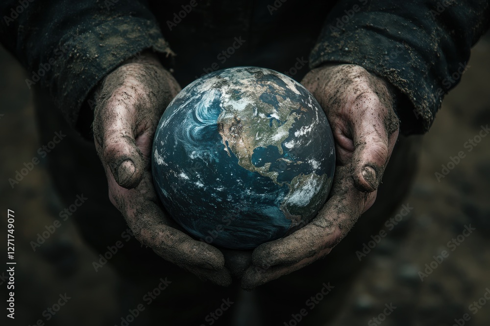 Farmer holding planet earth in dirty hands: environmental conservation concept Farmer holding planet earth in dirty hands: environmental conservation concept