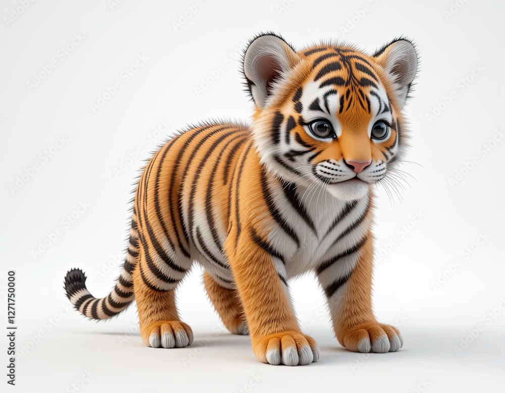 Obraz premium Beautiful cute fluffy tiger cub on white background.
