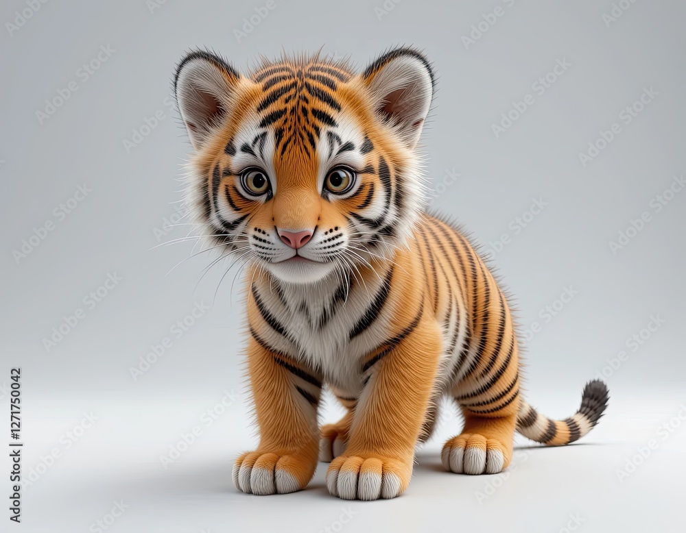 Obraz premium Beautiful cute fluffy tiger cub on white background.