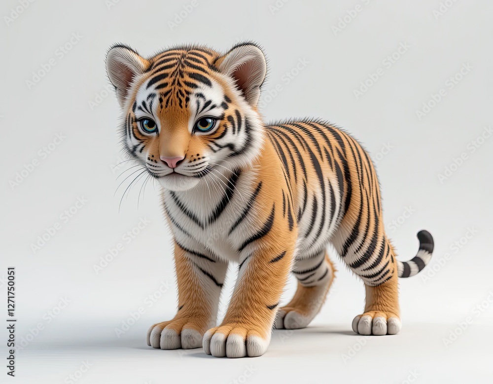 Naklejka premium Beautiful cute fluffy tiger cub on white background.