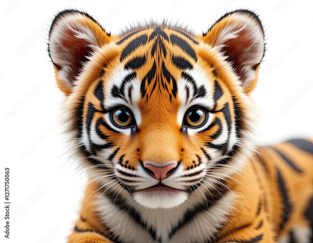 Obraz premium Beautiful cute fluffy tiger cub on white background.