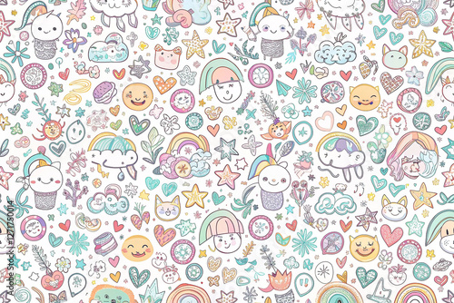 Wallpaper Mural Cute cartoon pattern, whimsical characters, rainbows, clouds, hearts, flowers, on white background.  Possible use fabric, wrapping paper, kids' design Torontodigital.ca