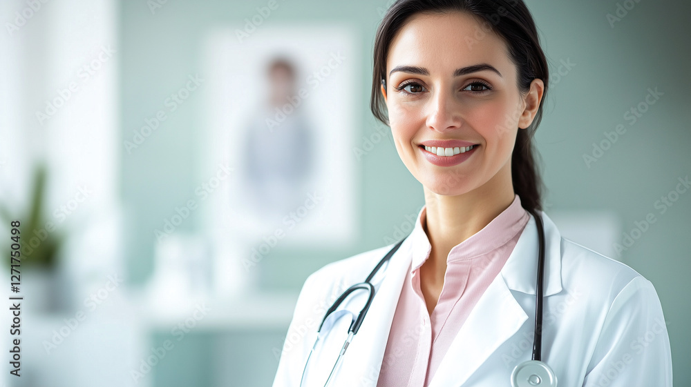 European Female Doctor in a White Coat and Pink Shirt Smiling Warmly in a Medical Office European Female Doctor in a White Coat and Pink Shirt Smiling Warmly in a Medical Office