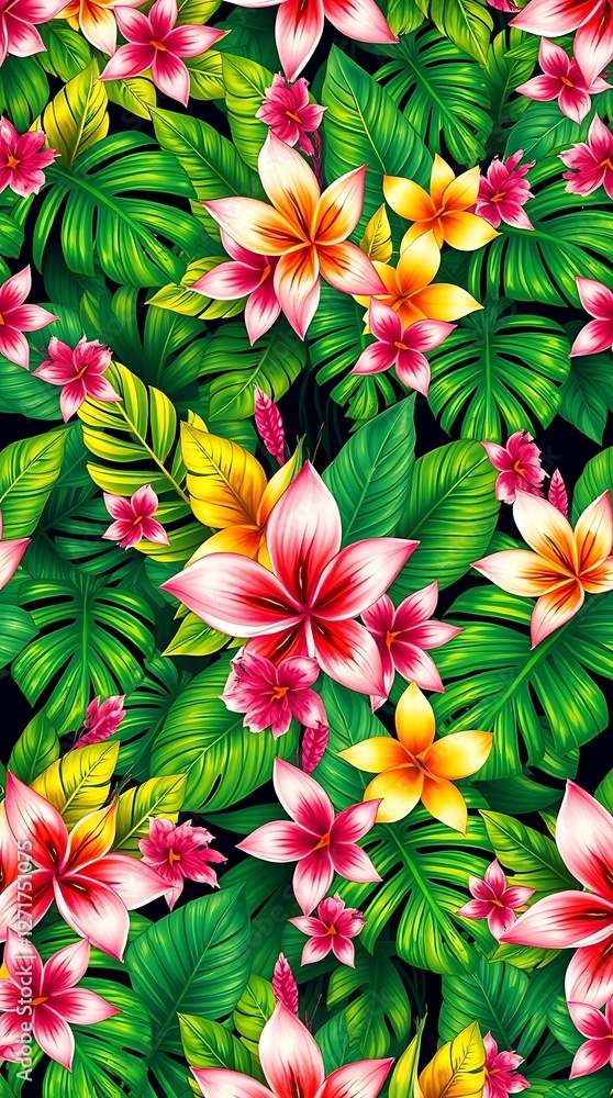 Seamless pattern of tropical leaves and flowers, depicted in a lush, vibrant style, utilizing a high-key color palette of bright greens, yellows, and pinks, arranged organic. Seamless pattern of tropical leaves and flowers, depicted in a lush, vibrant style, utilizing a high-key color palette of bright greens, yellows, and pinks, arranged organic.
