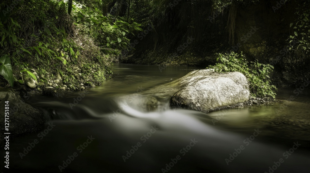 Enchanted Forest Stream: Serene Flow Through Lush Green Woods