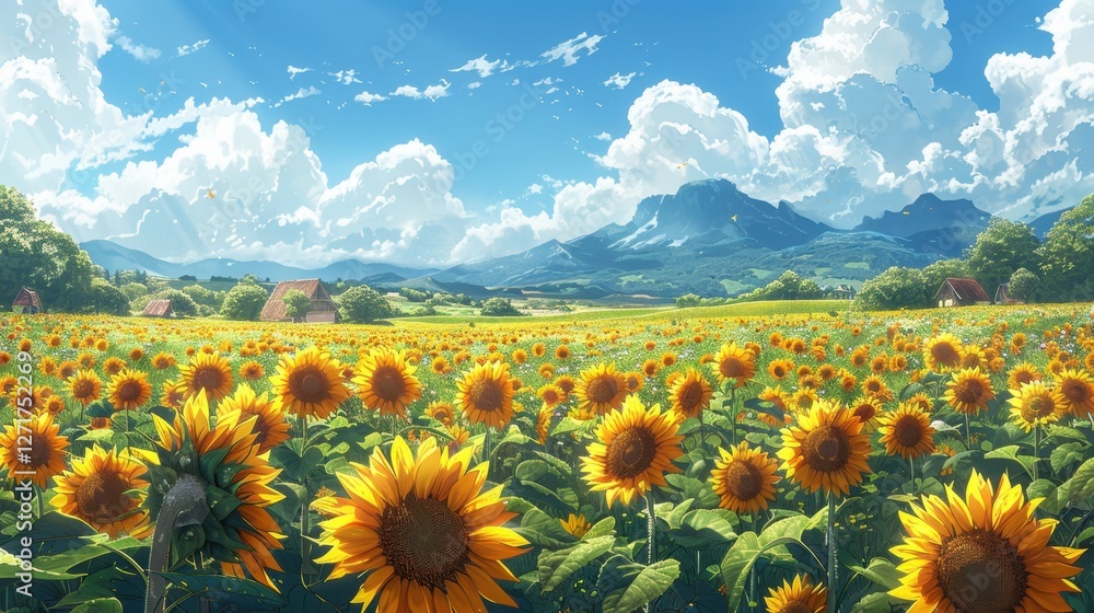 Obraz premium A sunflower field glowing in the golden afternoon light, blue sky with fluffy white clouds, cinematic realism