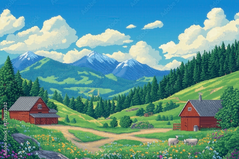 Fototapeta premium Pixel Art Serene Mountain Landscape with Red Barns and Lush Green Fields