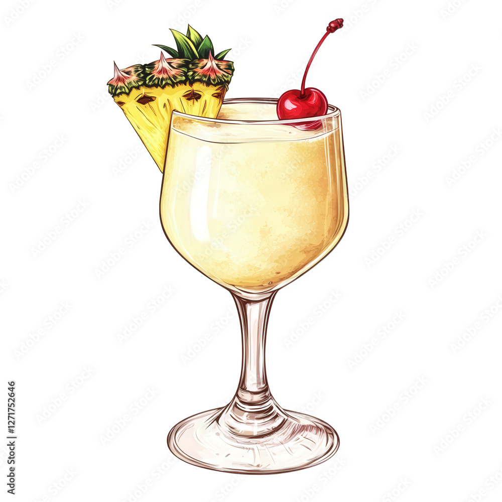 A delicious piña colada in a transparent glass with a pineapple wedge and cherries, detailed textures and vibrant colors, centered, transparent background, PNG A delicious piña colada in a transparent glass with a pineapple wedge and cherries, detailed textures and vibrant colors, centered, transparent background, PNG