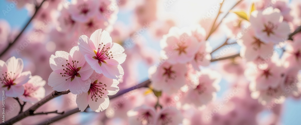 Obraz premium A close up of a branch with pink flowers. The flowers are in full bloom and the branch is thin. Concept of beauty and serenity