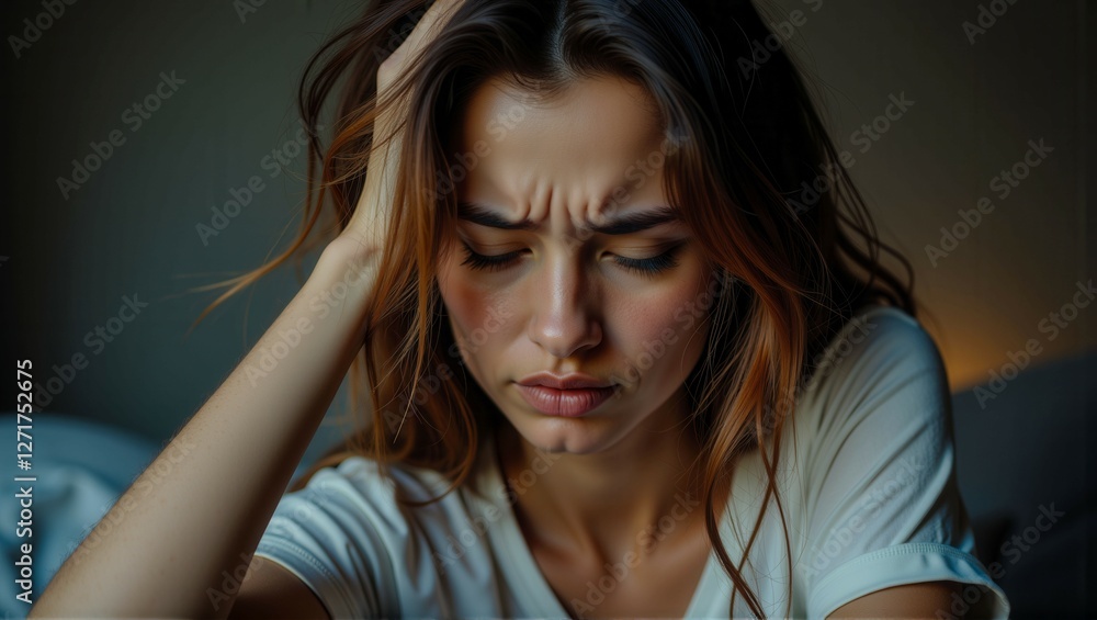 A woman is sitting on a couch with her hands on her face. She looks sad and is crying A woman is sitting on a couch with her hands on her face. She looks sad and is crying