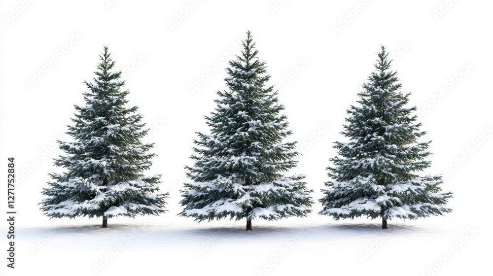 Snow-covered Evergreen Trees Against White Background in Winter Snow-covered Evergreen Trees Against White Background in Winter
