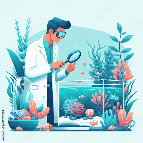 Marine biologist examining aquatic ecosystems in laboratory aquarium with magnifying glass
