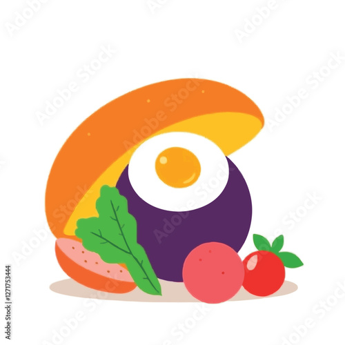 egg and bacon,Minimalist illustration of fried egg with avocado and cherry tomatoes on white background. Modern flat design food vector. Clean breakfast concept art for menu, packaging, and food blogs