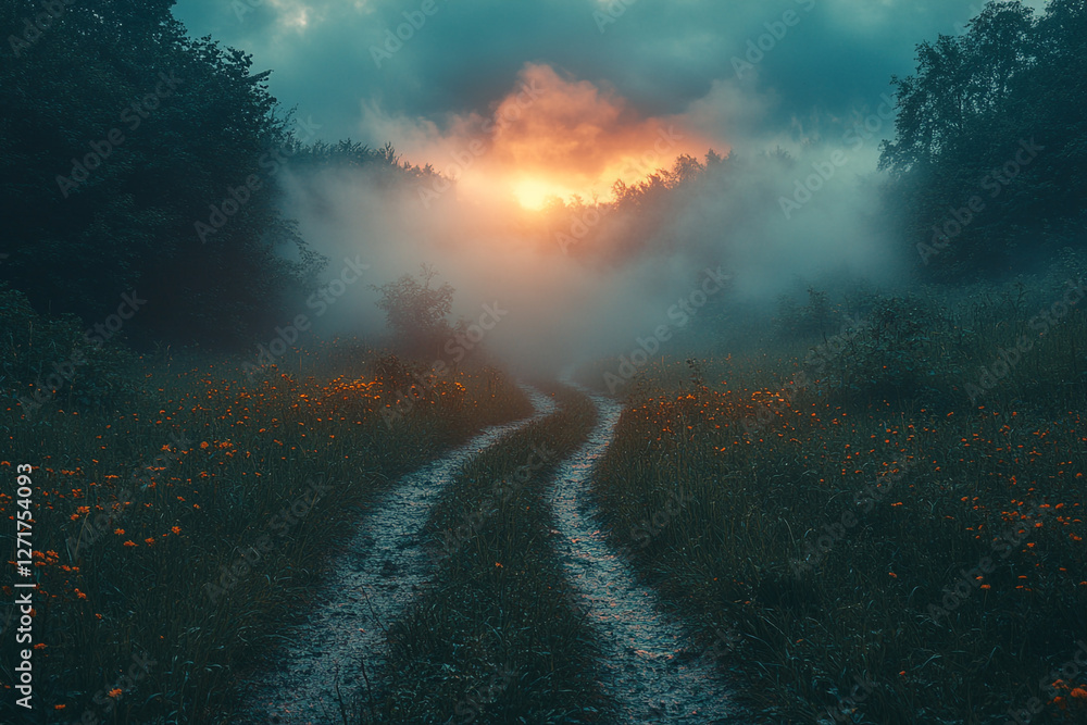 Fototapeta premium Ethereal Pathway, A Misty Trail Through Fields of Orange Blossoms