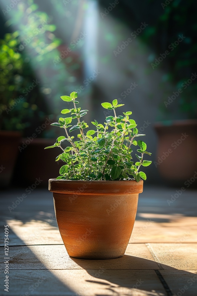 A minimalistic photo of oregano plants growing in a terracotta pot, illuminated by soft sunlight in a serene indoor setting A minimalistic photo of oregano plants growing in a terracotta pot, illuminated by soft sunlight in a serene indoor setting