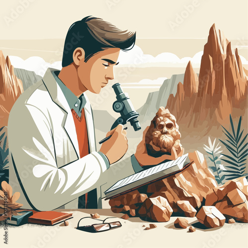Paleontologist examining fossilized specimens under microscope in natural outdoor setting