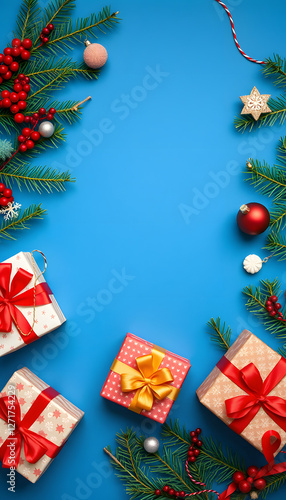 Christmas background. Composition with Christmas gift boxes, fir tree branches and decorations on blue background. Top view with copy space, doodle art. White tone