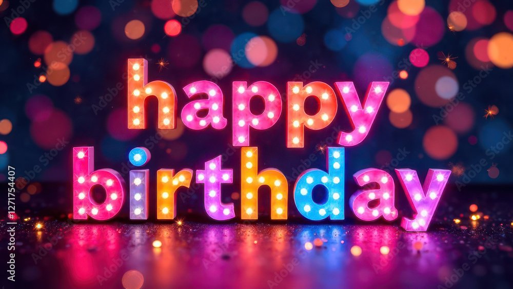 Bright letters spelling happy birthday shine with colorful lights against a vibrant blurred background. Ideal for celebrations this visual captures a joyful atmosphere. Bright letters spelling happy birthday shine with colorful lights against a vibrant blurred background. Ideal for celebrations this visual captures a joyful atmosphere.