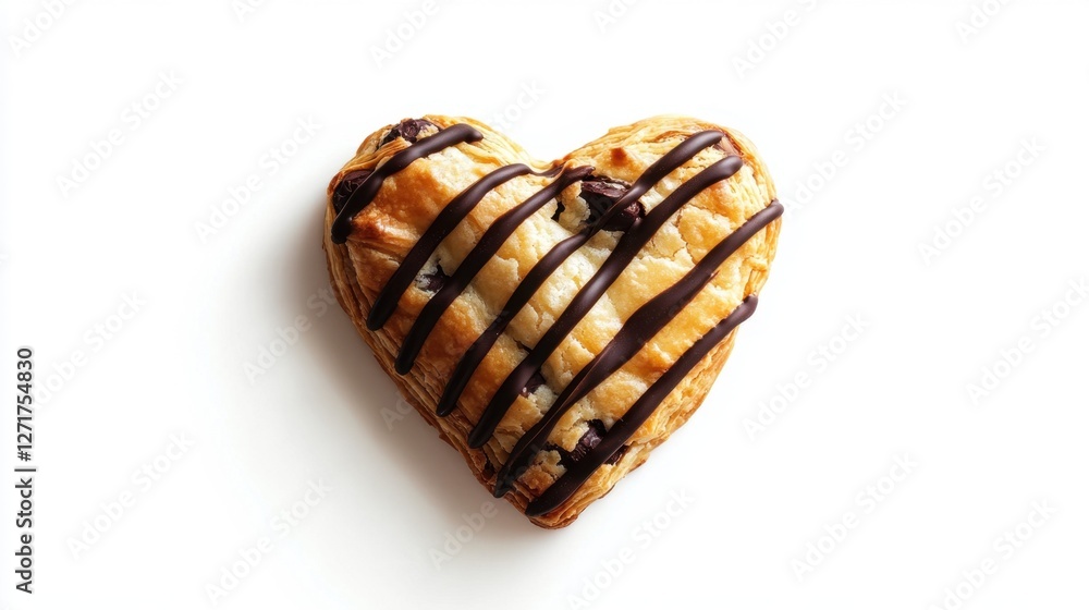 Heart-shaped pastry with chocolate drizzle on a white background Heart-shaped pastry with chocolate drizzle on a white background