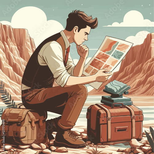 Geologist studying geological maps and planning field exploration in scenic outdoor location