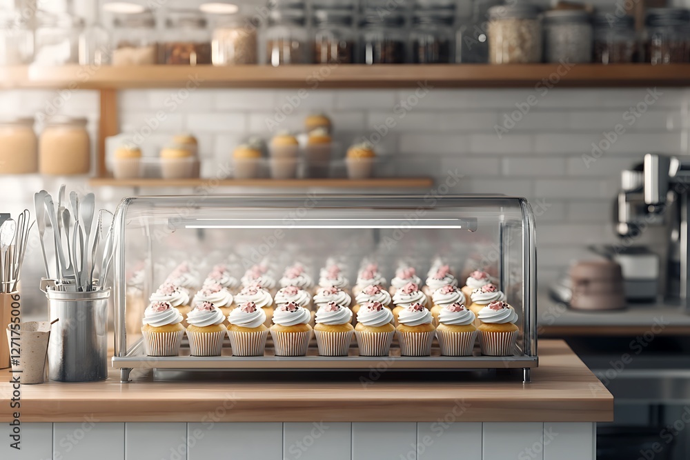 Cupcakes on display in a bakery Cupcakes on display in a bakery