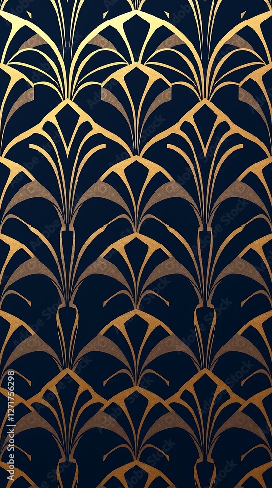Fototapeta An elegant seamless pattern showcasing stylized geometric shapes in a minimalist art deco style, featuring a monochromatic palette of deep navy blue and metallic gold, prese.