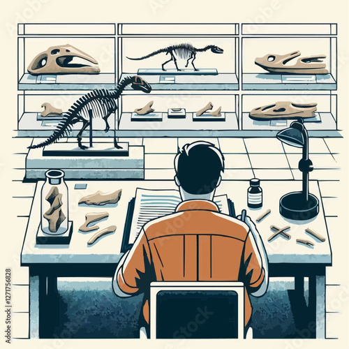 Paleontologist studying dinosaur fossils in museum with detailed exhibits