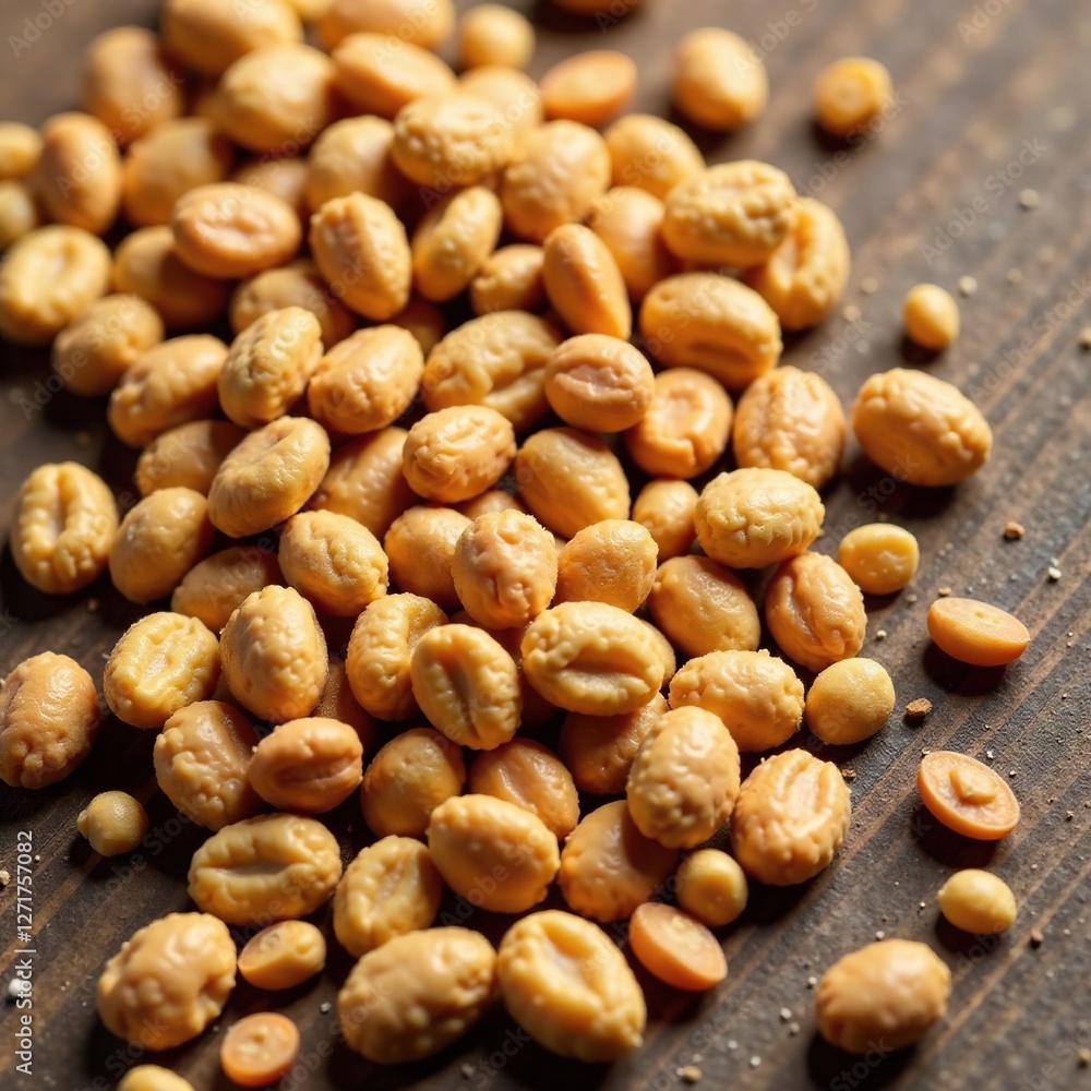 Golden brown grains scattered on a wooden surface, texture, Foxtail millet, whole grain Golden brown grains scattered on a wooden surface, texture, Foxtail millet, whole grain
