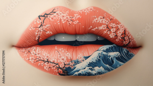 Creative lip art featuring cherry blossoms and waves in a vibrant design