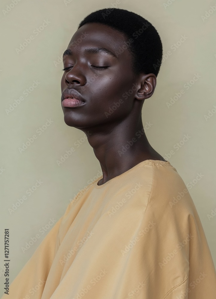 Obraz premium Beautiful black young woman model natural look in clothes made of natural fabric on a clean background, professional studio photo.