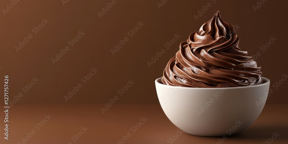 Indulgent chocolate swirl dessert served in a textured bowl against a rich brown backdrop Indulgent chocolate swirl dessert served in a textured bowl against a rich brown backdrop