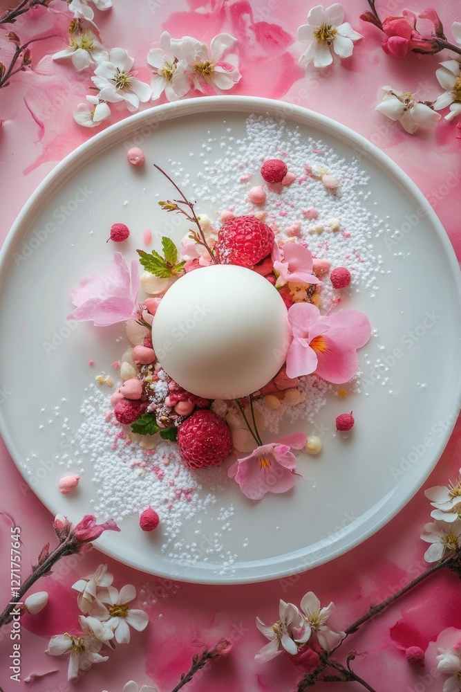 Fototapeta premium Pink Flower Dessert on White Plate