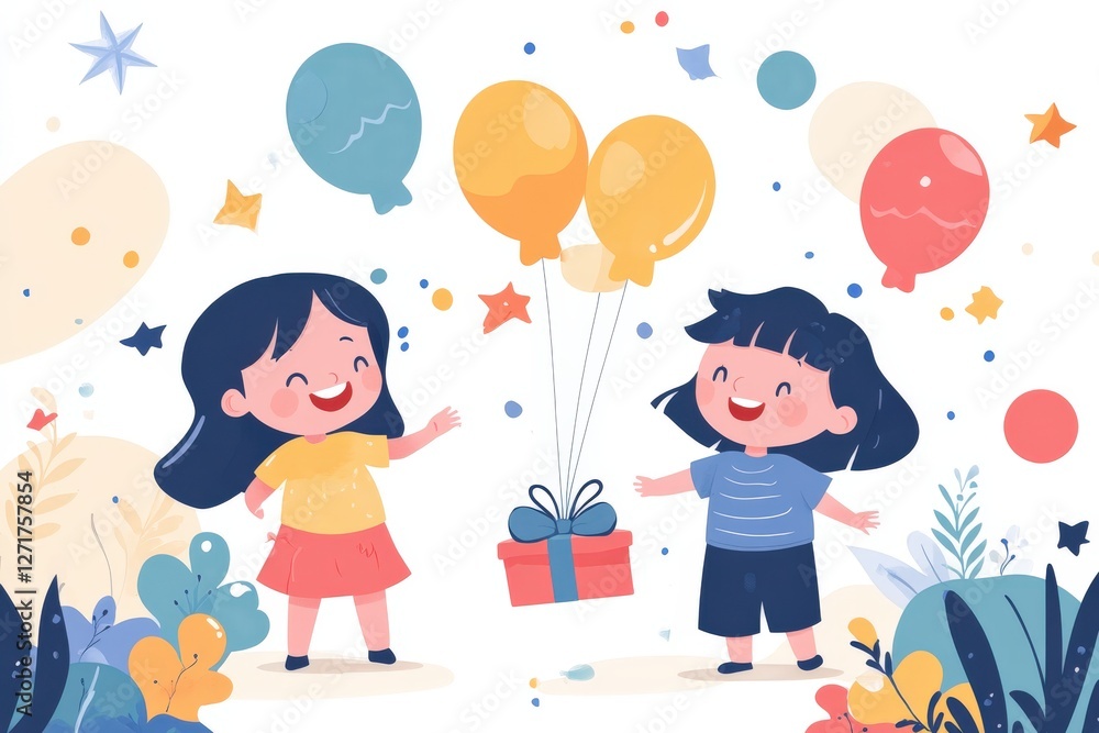 Two happy girls celebrating with balloons and gift box Two happy girls celebrating with balloons and gift box
