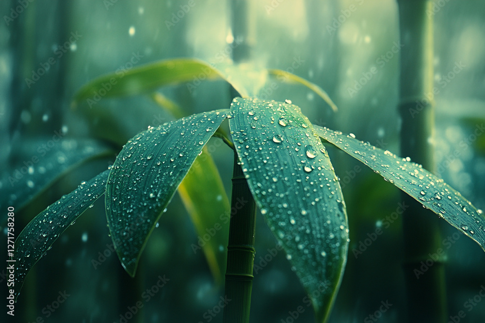 Ephemeral Embrace, Bamboo Leaves Shimmering in a Gentle Rain Shower Ephemeral Embrace, Bamboo Leaves Shimmering in a Gentle Rain Shower