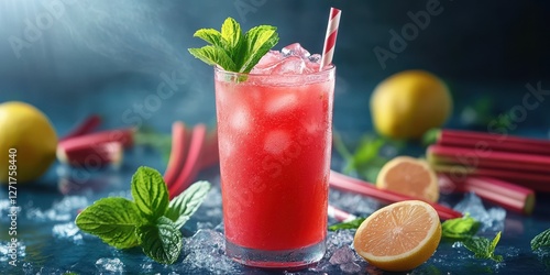 Refreshing rhubarb drink garnished with mint and lemon served in a cool glass with ice on a textured surface