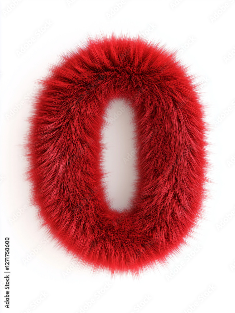 Red fluffy number zero displayed on a white background for decorative purposes during holiday celebrations Red fluffy number zero displayed on a white background for decorative purposes during holiday celebrations