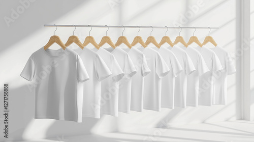 A mockup set of blank, white classic men's shirts with rolled-up sleeves displayed on hangers in a bright studio