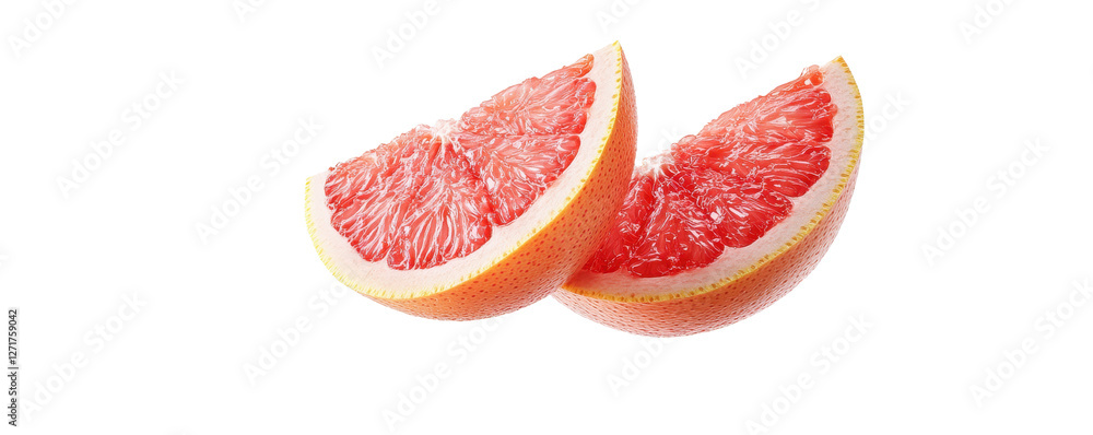 Freshly Cut Vibrant Pink Grapefruit Slices on White Background Freshly Cut Vibrant Pink Grapefruit Slices on White Background