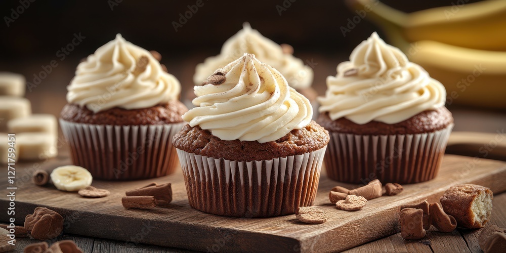 Delicious banana chocolate cupcakes with creamy frosting on a wooden board in a cozy setting Delicious banana chocolate cupcakes with creamy frosting on a wooden board in a cozy setting