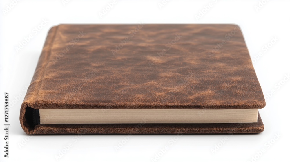 A brown leather photo album with a textured cover, closed and resting on a white background. A brown leather photo album with a textured cover, closed and resting on a white background.