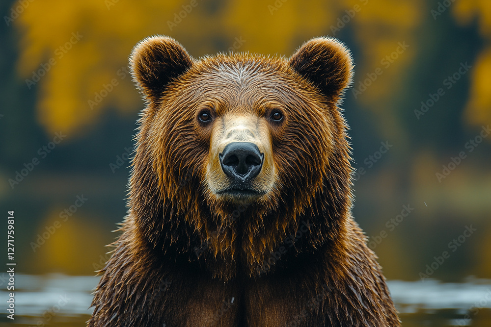 Intimate Portrait of a Brown Bear with Autumnal Backdrop Reflection Intimate Portrait of a Brown Bear with Autumnal Backdrop Reflection