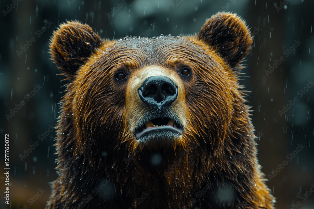 Obraz premium Grizzly's Gaze, An Intense Encounter in the Forest Rain