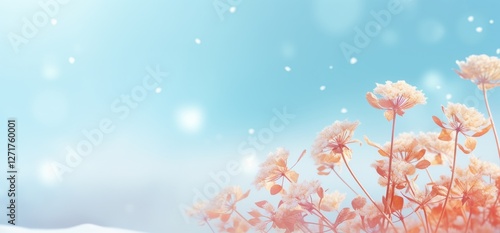 spring background with daisies and white flowers, a light blue sky with small sparkles of snowflakes in the air, a fresh spring atmosphere, a nature concept, a banner design with copy space 