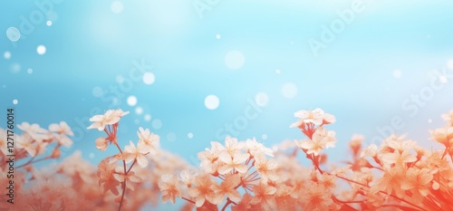 spring background with daisies and white flowers, a light blue sky with small sparkles of snowflakes in the air, a fresh spring atmosphere, a nature concept, a banner design with copy space 