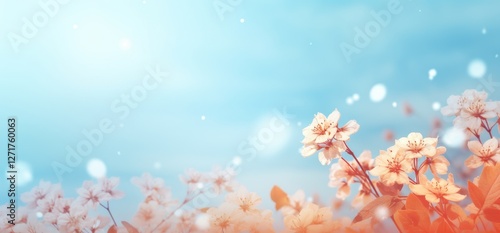spring background with daisies and white flowers, a light blue sky with small sparkles of snowflakes in the air, a fresh spring atmosphere, a nature concept, a banner design with copy space 