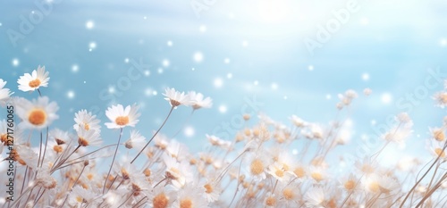 spring background with daisies and white flowers, a light blue sky with small sparkles of snowflakes in the air, a fresh spring atmosphere, a nature concept, a banner design with copy space 