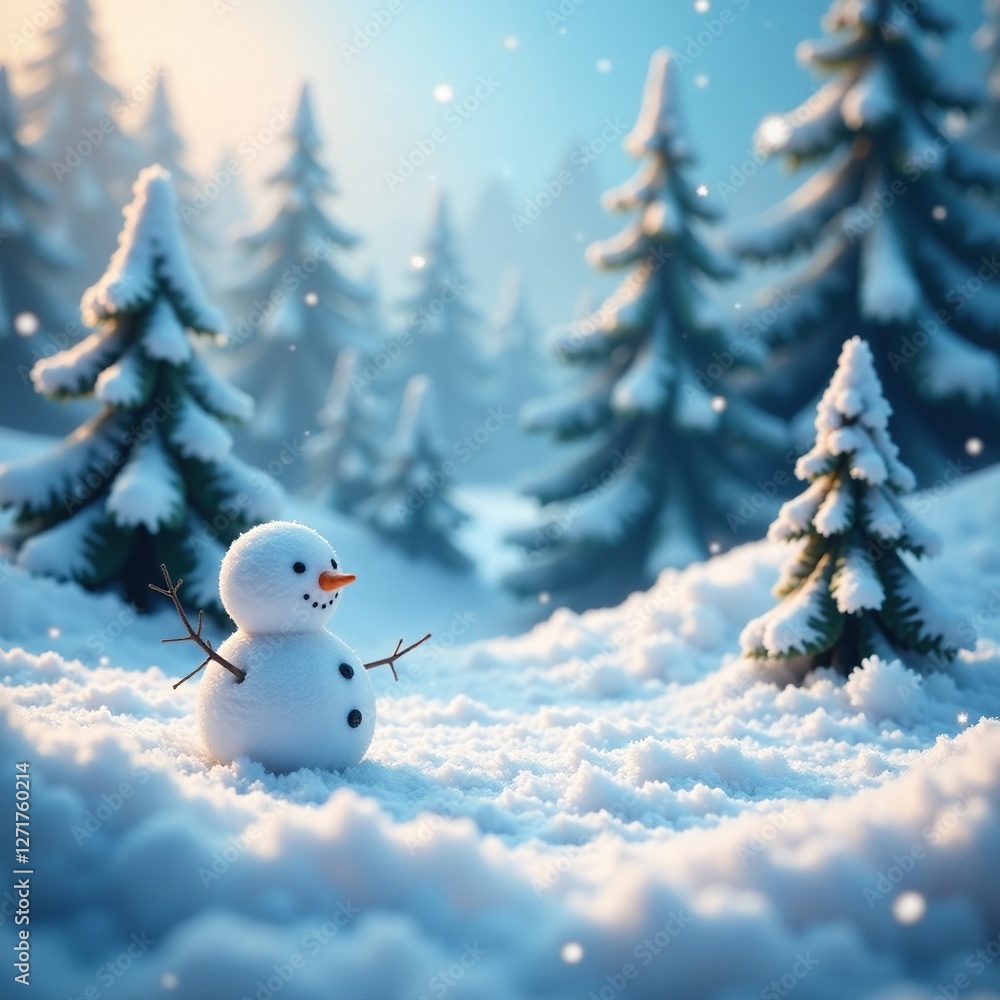 Icy landscape with tiny snowmen amidst snowflakes and frosty trees, snowman, frosty trees, snowy woods Icy landscape with tiny snowmen amidst snowflakes and frosty trees, snowman, frosty trees, snowy woods