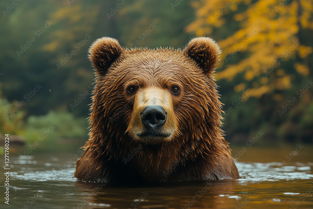 Grizzly Gaze, Bear Bathing in Autumnal River, Forest Reflections Grizzly Gaze, Bear Bathing in Autumnal River, Forest Reflections